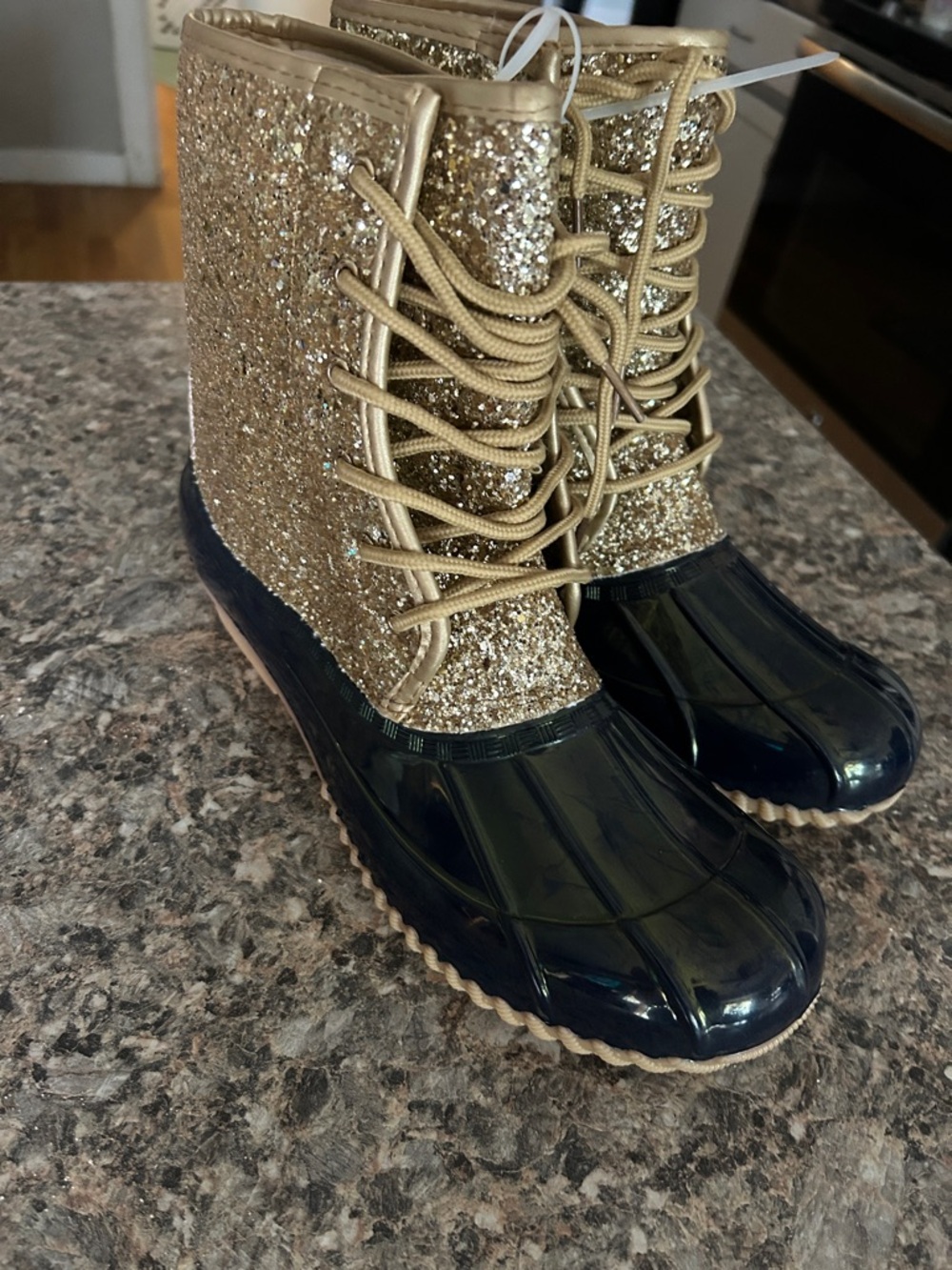 Sugar Gold Glitter and Navy Lace-Up Duck Boots for Women